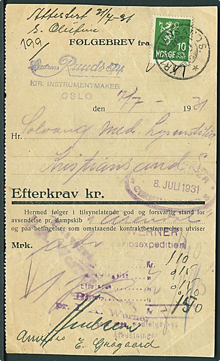 10 øre Løve stemplet Kristiansand S. d. 8.7.1931 på følgebrev Oslo d. 7.7.1931 for forsendelse med dampskibet Arendal til Kristiansand S. 