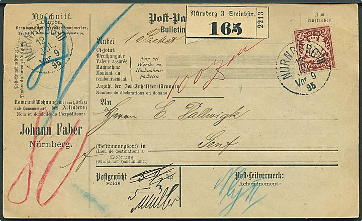 10 pfg. (skadet), 20 pfg. og 50 pfg. Våben på for- og bagside af adressekort for pakke fra Nürnberg d. 12.7.1895 til Genf, Schweiz.
