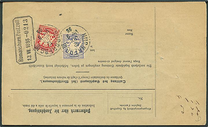 10 pfg. (skadet), 20 pfg. og 50 pfg. Våben på for- og bagside af adressekort for pakke fra Nürnberg d. 12.7.1895 til Genf, Schweiz.