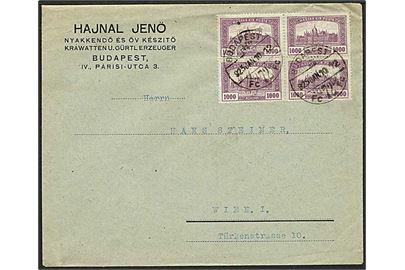 1000 kr. Parlament i fireblok på inflationsbrev fra Budapest d. 10.1.1925 til Wien, Østrig.