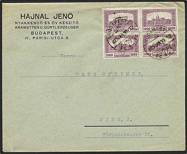 1000 kr. Parlament i fireblok på inflationsbrev fra Budapest d. 10.1.1925 til Wien, Østrig.