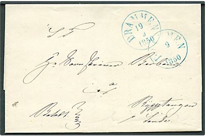1850. Francobrev med blåt antiqua Drammen d. 19.9.1850 til Rÿggetangen. Fuldt indhold.