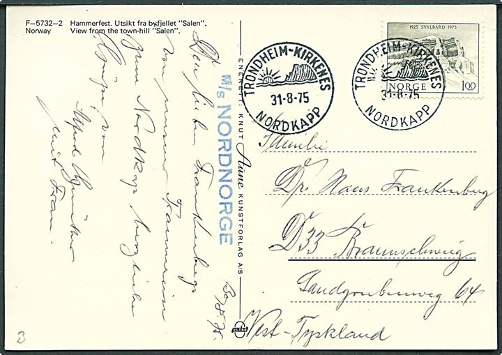 1 kr. Svalbard traktat 50 år på brevkort (Hammerfest) annulleret med skibsstempel Trondheim-Kirkenes Nordkapp d. 31.8.1975 til Braunschweig, Tyskland. Privat skibsstempel: M/S Nordnorge.