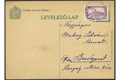 1000 kr. Parlament på grønt lokalt helsagsbrevkort uden værdiangivelse i Budapest d. 22.11.1925. I inflationsperioden blev der fremstillet helsagsbrevkort uden værdiangivelse, som blev opfrankeret i forbindelse med salg.