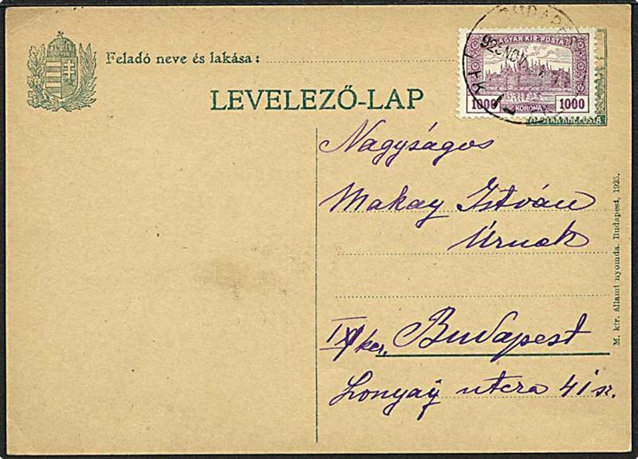 1000 kr. Parlament på grønt lokalt helsagsbrevkort uden værdiangivelse i Budapest d. 22.11.1925. I inflationsperioden blev der fremstillet helsagsbrevkort uden værdiangivelse, som blev opfrankeret i forbindelse med salg.