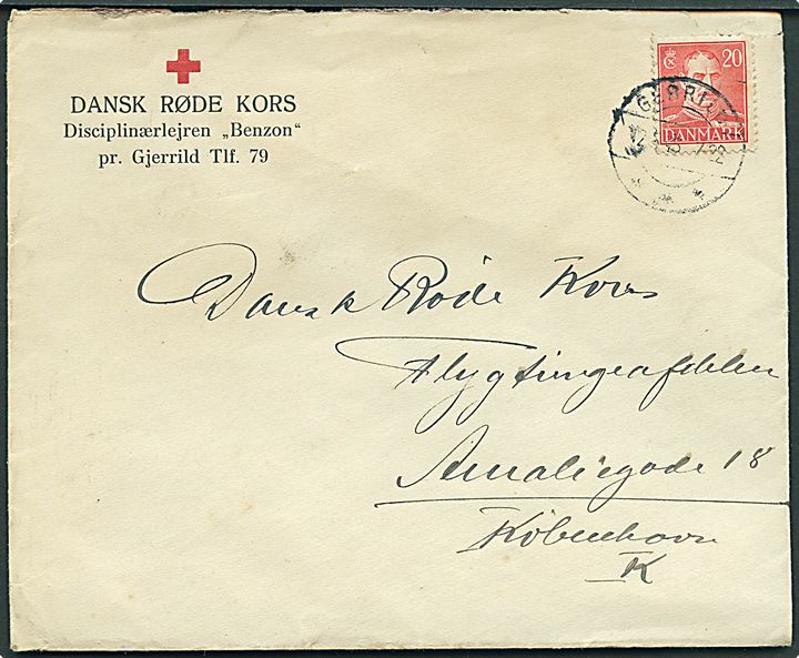 20 øre Chr. X på fortrykt kuvert fra Dansk Røde Kors, Desciplinærlejren Benzon stemplet Gjerrild d. 12.5.1946 til Dansk Røde Kors i København.