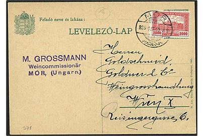 2000 kr. Parlament på grønt helsagsbrevkort uden værdiangivelse fra Mor d. 10.10.1925 til Wien, Østrig. I inflationsperioden blev der fremstillet helsagsbrevkort uden værdiangivelse, som blev opfrankeret i forbindelse med salg.