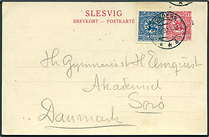 10 pfg. Fælles udg. helsagsbrevkort opfrankeret med 20 pfg. Fælles udg. fra Tondern d. 17.5.1920 til Sorø.
