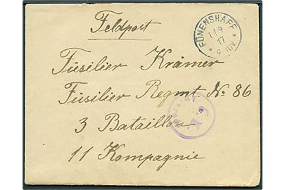 Ufrankeret feltpostbrev fra Atzerballigholz stemplet Fünenshaff d. 1.9.1917 til soldat i Füsilier Regiment 86. Violet censurstempel: Ü. K. Apenrade. Fuldt indhold.