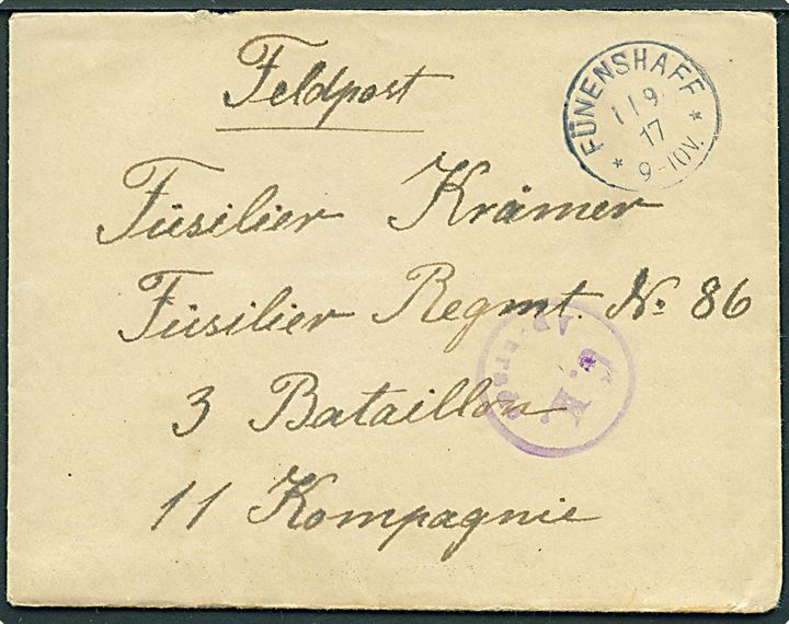 Ufrankeret feltpostbrev fra Atzerballigholz stemplet Fünenshaff d. 1.9.1917 til soldat i Füsilier Regiment 86. Violet censurstempel: Ü. K. Apenrade. Fuldt indhold.