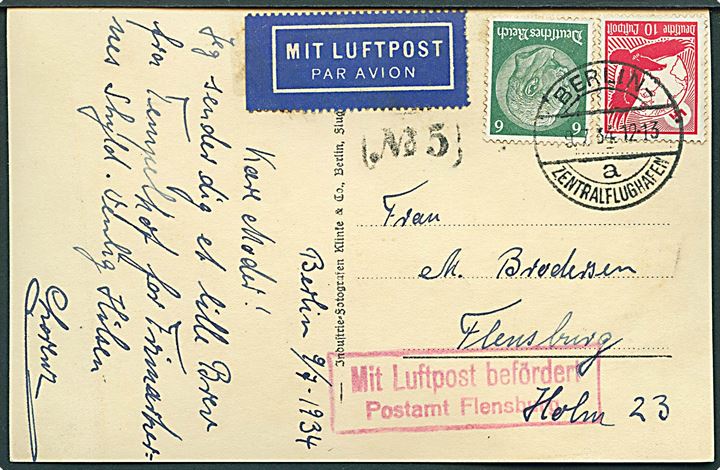 6 pfg. Hindenburg og 10 pfg. Luftpost på indenrigs luftpost brevkort (Berlin Zentralflughafen) stemplet Berlin Zentralflughafen d. 9.7.1934 til Flensburg. Rødt rammestempel Mit Luftpost befördert Postamt Flensburg.