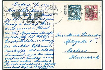 12+8 pfg. og 24+6 pfg. Kölner Dom på brevkort fra Hamburg d. 17.6.1950 til Aarhus, Danmark.