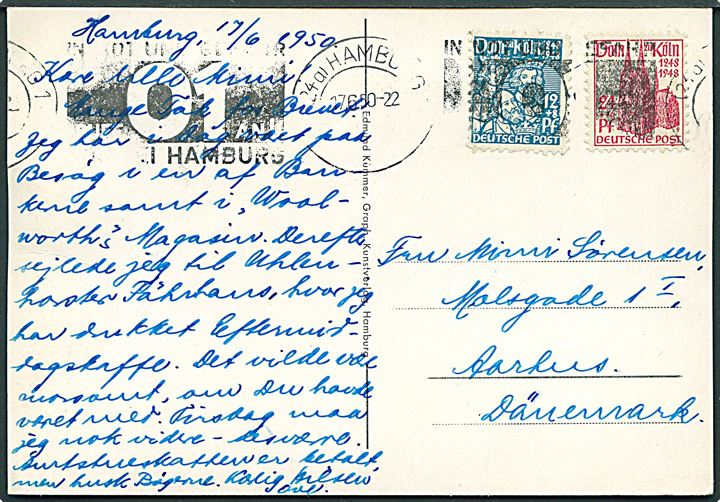 12+8 pfg. og 24+6 pfg. Kölner Dom på brevkort fra Hamburg d. 17.6.1950 til Aarhus, Danmark.