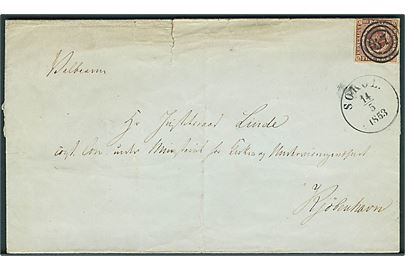 4 R.B.S. Thiele I tæt klippet på brev annulleret med nr.stempel 67 og sidestemplet antiqua SORÖE. d. 14.5.1853 til Kjøbenhavn. Rift i toppen. 