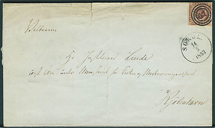 4 R.B.S. Thiele I tæt klippet på brev annulleret med nr.stempel 67 og sidestemplet antiqua SORÖE. d. 14.5.1853 til Kjøbenhavn. Rift i toppen. 