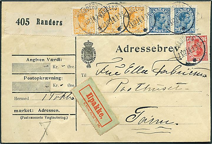 10 øre, 20 øre (par) og 35 øre (3-stribe) Chr. X på 155 øre frankeret adressekort for Ilpakke fra Randers d. 21.12.1918 til poste restante i Tarm.