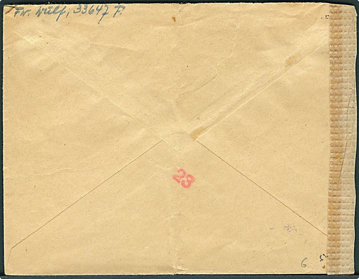Ufrankeret tysk feltpostbrev stemplet Feldpost b d. 14.1.1945 til Odense, Danmark. Briefstempel fra Feldpostnummer 33647F = Feldersatz-Kompanie 200. Åbnet af tysk censur i Hamburg.