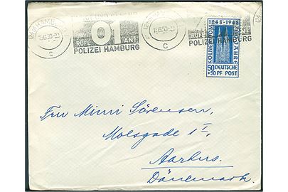 50+50 pfg. Kölner Dom single på brev fra Hamburg d. 15.6.1950 til Aarhus, Danmark.