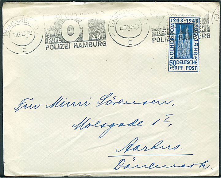 50+50 pfg. Kölner Dom single på brev fra Hamburg d. 15.6.1950 til Aarhus, Danmark.