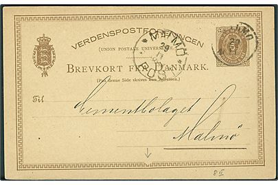 6 øre helsagsbrevkort med variant i rammeborten fra Kjøbenhavn annulleret med svensk stempel i Malmö d. 22.11.1884 til Malmö.