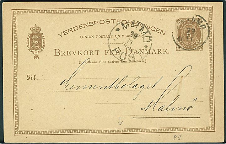 6 øre helsagsbrevkort med variant i rammeborten fra Kjøbenhavn annulleret med svensk stempel i Malmö d. 22.11.1884 til Malmö.