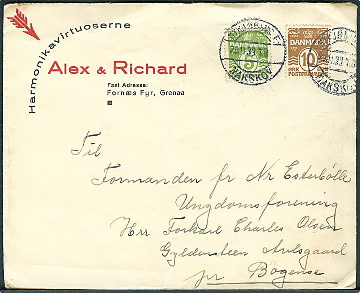 5 øre og 10 øre Bølgelinie på fortrykt kuvert fra Harmonikavirtuoserne Alex & Richard annulleret med bureaustempel Nykjøbing F. - Nakskov d. 28.11.1933 til Gyldensteen Avlsgaard pr. Bogense.