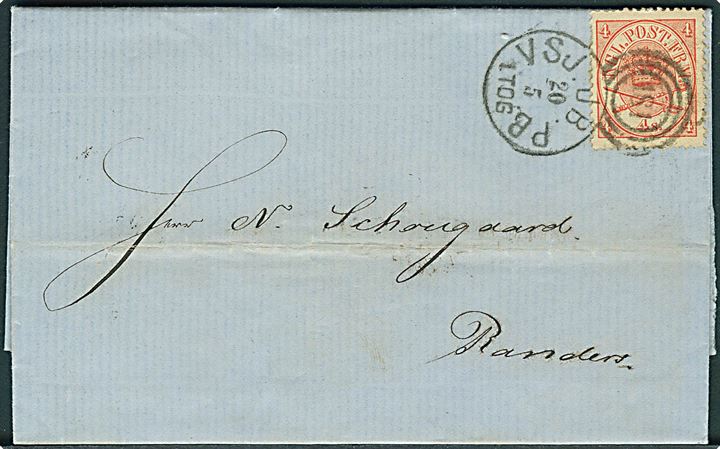 4 sk. Krone/Scepter på brev fra Kjøbenhavn annulleret med kombineret nr.stempel 181/VSJ.JB.PB. d. 20.5.1868 til Randers.