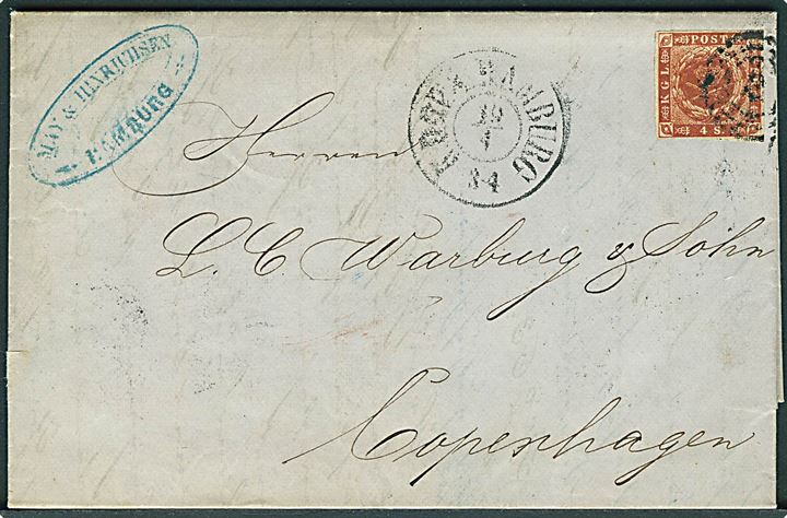 4 sk. 1858 udg. på brev annulleret med nr.stempel 2 og sidestemplet antiqua K.D.O.P.A. Hamburg d. 19.4.1860 til Kjøbenhavn.
