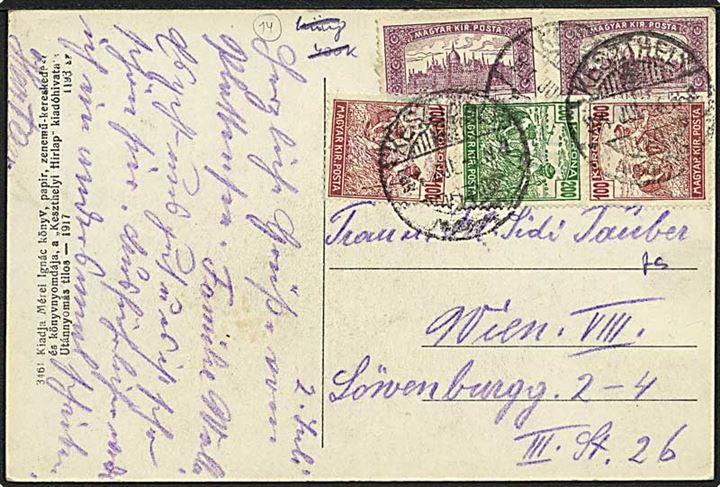 1000 kr. Parlament (2), 100 kr. (2) og 200 kr. Høstarbejder på 2400 kr. frankeret inflations-brevkort fra Keszthely d. 6.7.1924 til Wien, Østrig.