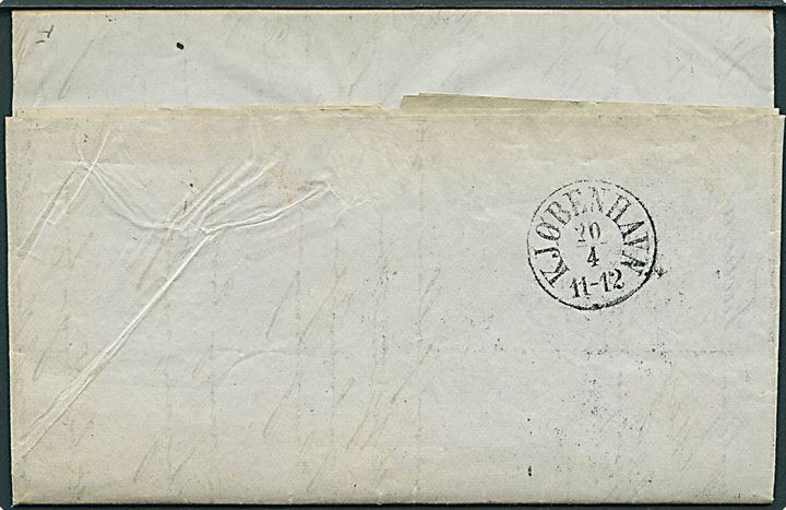 4 sk. 1858 udg. på brev annulleret med nr.stempel 2 og sidestemplet antiqua K.D.O.P.A. Hamburg d. 19.4.1860 til Kjøbenhavn.
