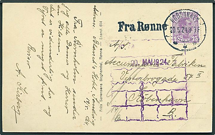 15 øre Chr. X på brevkort (Hammershus i det 12. århundrede) fra Sandvig stemplet København d. 20.5.1924 og sidestemplet Fra Rønne til København.