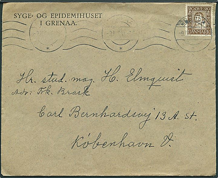 20 øre Chr. IV Postjubilæum på fortrykt kuvert fra Syge- og Epidemihuset i Grenaa d. 9.12.1924 til København.