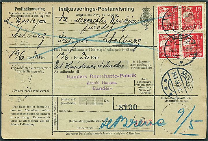 15 øre Karavel i fireblok på retur Indkasserings-Postanvisning fra Randers d. 24.4.1928 til Aalborg.