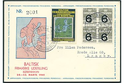 6/8 øre Provisorium i fireblok på illustreret udstillings-brevkort stemplet København / F.F.F. / Baltisk Frimærkeudstilling d. 23.3.1941 til Lyngby.
