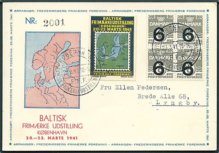 6/8 øre Provisorium i fireblok på illustreret udstillings-brevkort stemplet København / F.F.F. / Baltisk Frimærkeudstilling d. 23.3.1941 til Lyngby.