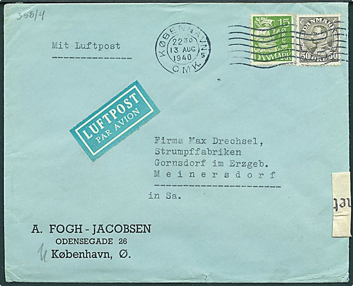 15 øre Karavel og 50 øre Chr. X på luftpostbrev fra København d. 13.8.1940 til Meinersdorf, Tyskland. Åbnet af tysk censur i Berlin.
