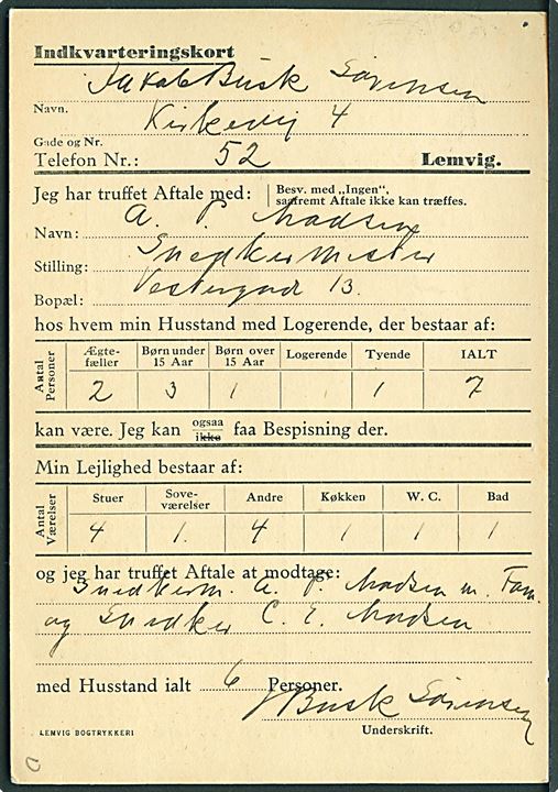 Ufrankeret Indkvarteringskort sendt lokalt i Lemvig d. 17.11.1943 udtakseret i enkeltporto med 1 øre (2) og 5 øre Portomærke stemplet Lemvig d. 18.11.1943.