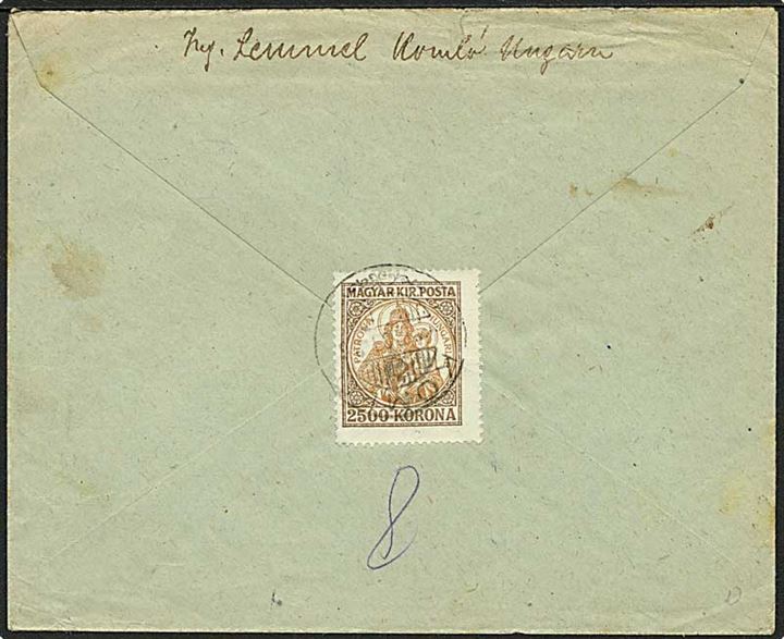 2500 kr. (2) og 5000 kr. Patrona Hungariae på for- og bagside af anbefalet inflationsbrev fra Komlo d. 26.10.1925 til Wien, Østrig.