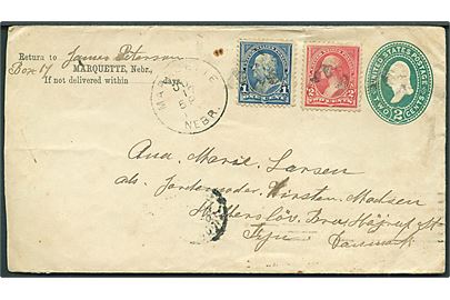 2 cents helsagskuvert opfrankeret med 1 cent Franklin og 2 cents Washington fra Marquette, Nebr. d. 17.6.1895 via New York til Hillerslev pr. Højrup St., Danmark.