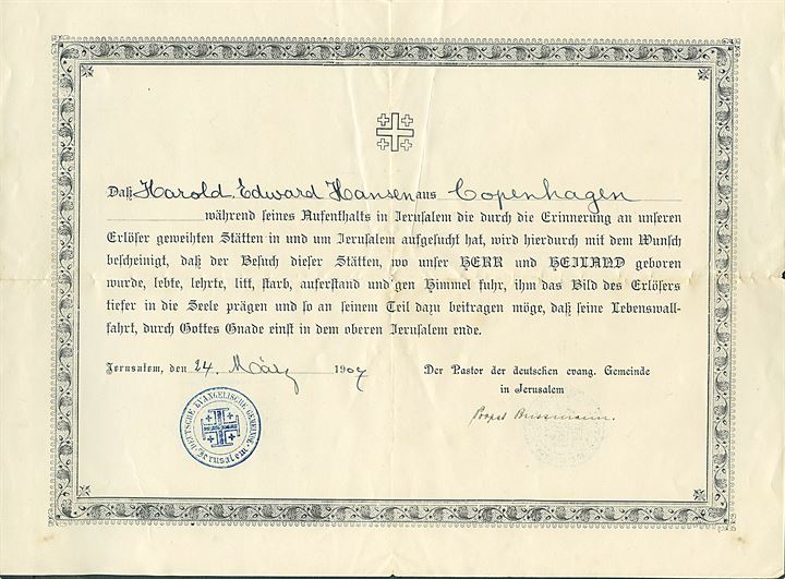 Dokument fra den tyske menighed i Jerusalem dateret d. 24.3.1907.