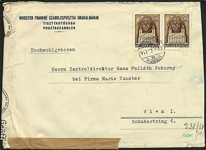 32 f. Debrecen Kirke i par på brev fra Pusztaszabolcs 1941 til Wien, Tyskland. Åbnet af tysk censur i Wien.