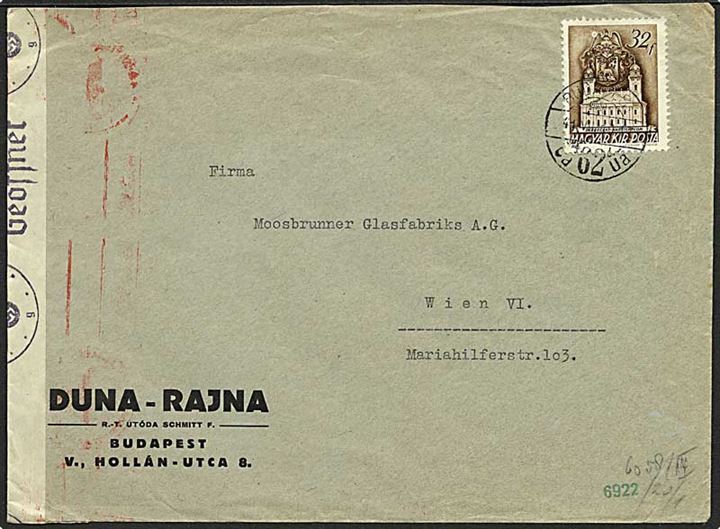 32 f. Debrecen single på brev fra Budapest 1941 til Wien, Tyskland. Åbnet af tysk censur i Wien.