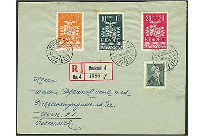 3 værdier af 1937 Budapest Messe udg. og 50 f. Csoma på anbefalet brev fra Budapest d. 29.5.1937 til Wien, Østrig.
