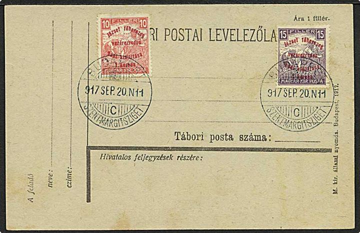 Komplet sæt 1917 Hertug Joseph Krigsudstilling provisorier på uadresseret brevkort stemplet Budapest d. 20.9.1917.