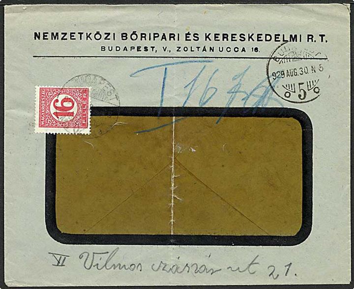 Ufrankeret lokal rudekuvert i Budapest 1929 med 16 f. portomærke.