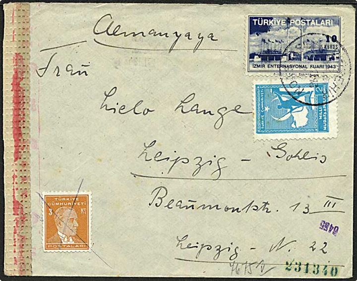 13 k. blandingsfrankeret brev m. 2 k. velgørenhed ca. 1943 til Leipzig, Tyskland. Åbnet af tysk censur.