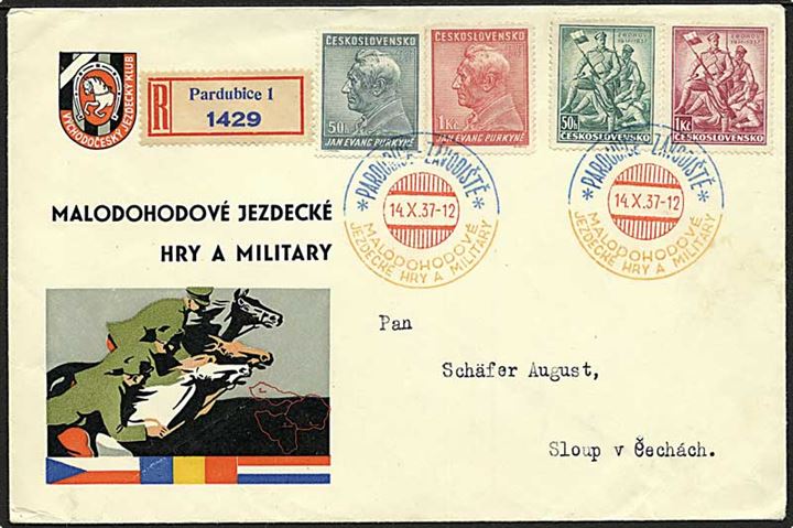 Komplet sæt Purkyne og Tjekkiske Legion på anbefalet særkuvert (Military ridestævne) annulleret med 3-farvet stempel Pardubice d. 14.10.1937 
