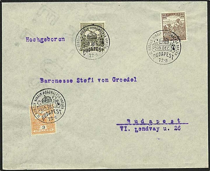 3 f. og 6 f. Turul, samt 20 f. Høstarbejder på brev annulleret med særstempel i Budapest d. 31.12.1916.