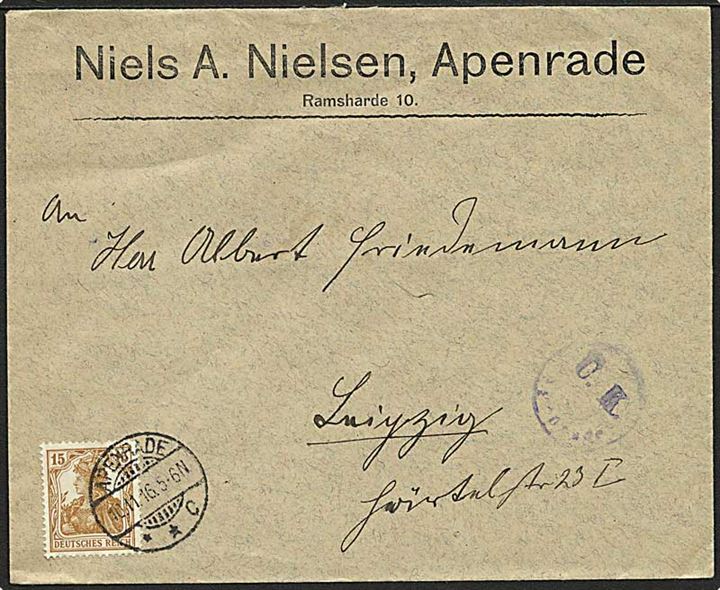 15 pfg. Germania på brev stemplet Apenrade **C d. 10.11.1916 til Leipzig. Svagt censurstempel Ü.K.Apenrade