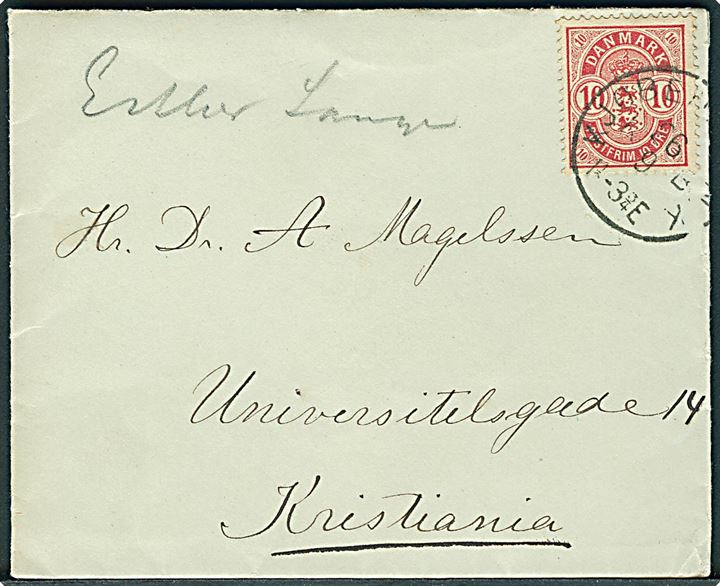 10 øre Våben på brev stemplet lapidar Kjøbenhavn K. d. 26.9.1890 til Kristiania, Norge.